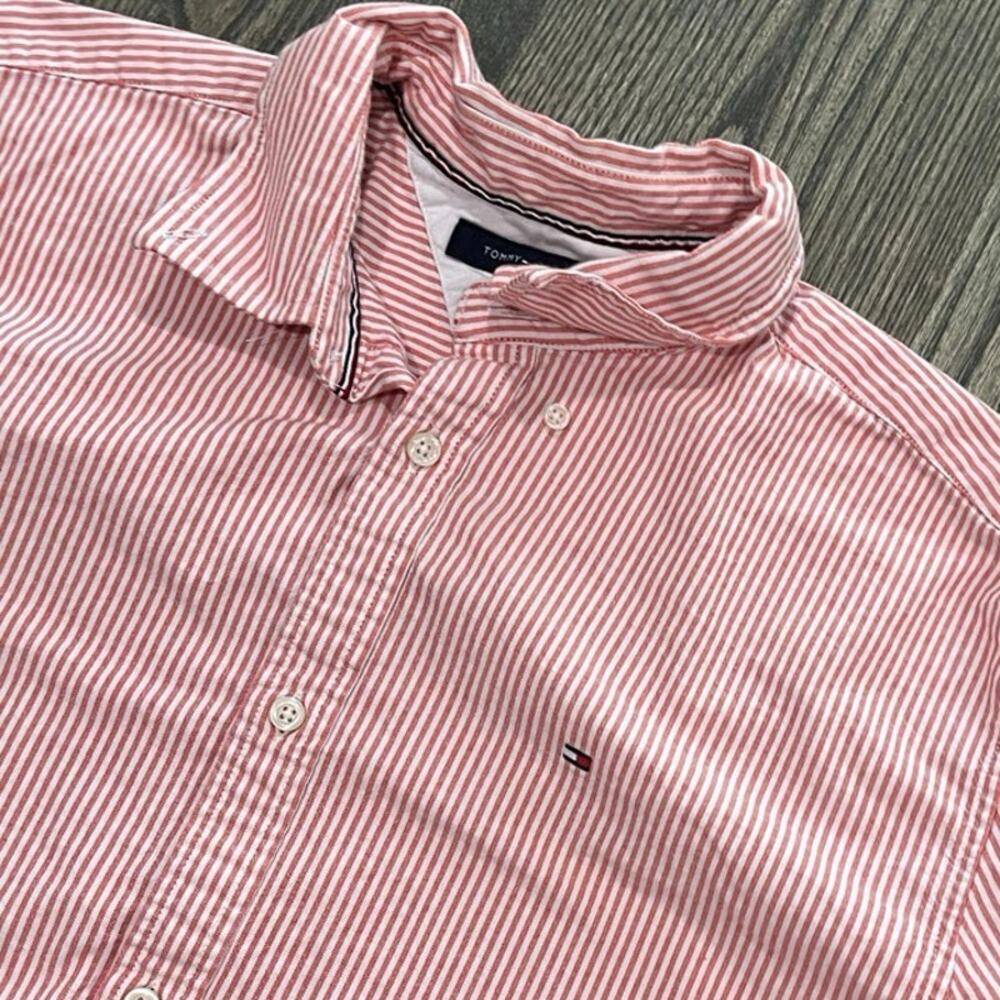 Tommy Hilfiger Mens Button-Up Shirt Short Sleeve Stretch Striped Red White Sz XL - Picture 4 of 4